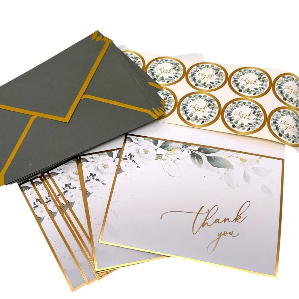 Thank you Cards Set of 10 Green Leaf Design w/ Stickers and Envelopes 3.75x5